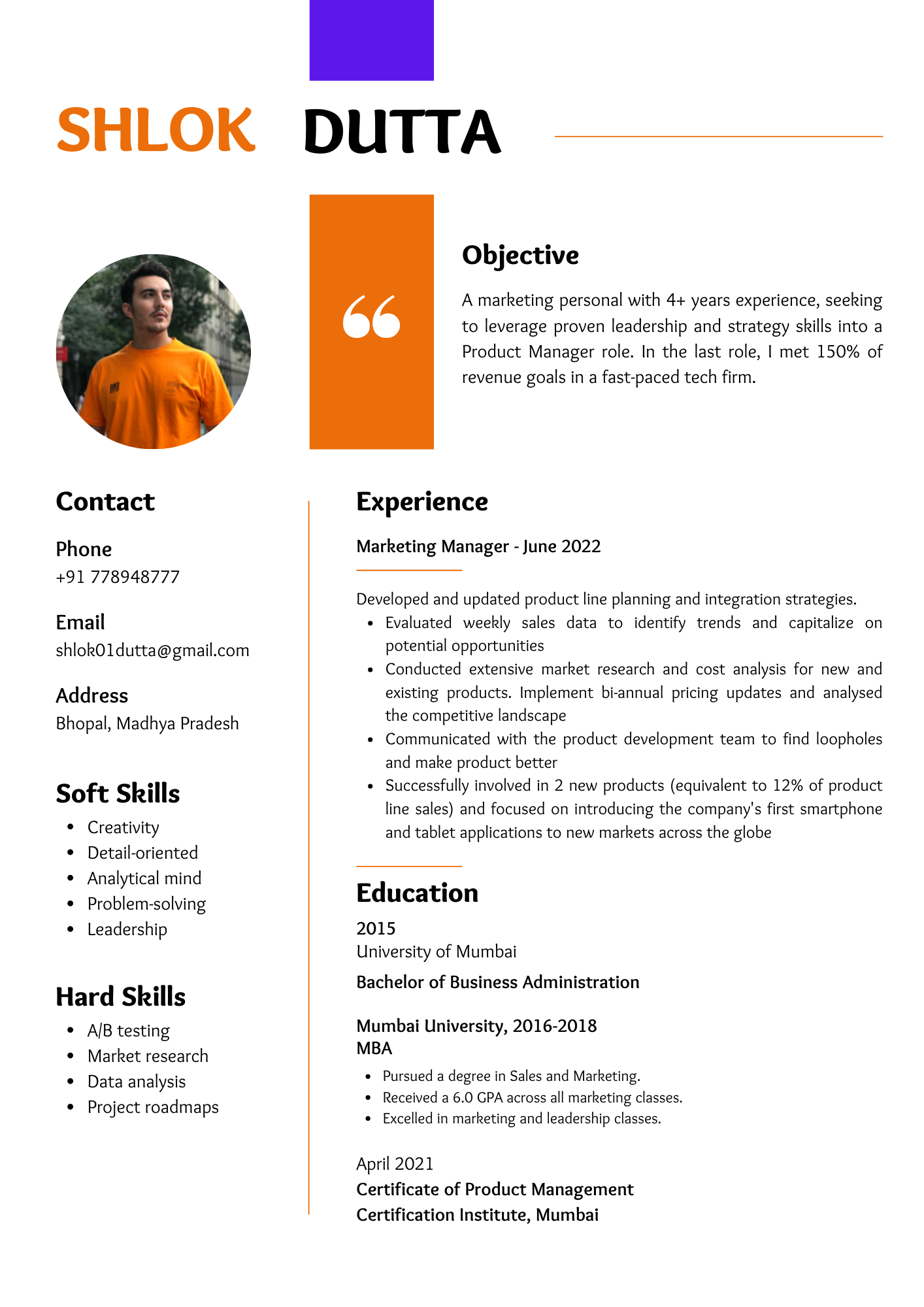 product manager resume sample